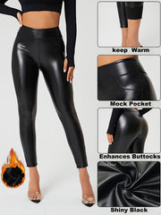 Faux Leather Fleece Lined Yoga Pants Stretch Leggings