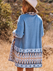 Geometric Print Long Sleeve Cardigan with Pockets