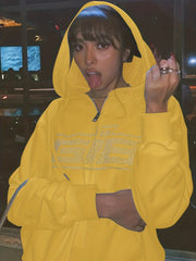 Solid Letter Print Drawstring Long Sleeve Hoodie