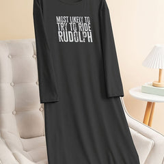 Plus Size Basic Loungewear Dress Long Sleeve Round Neck Stretch Nightdress