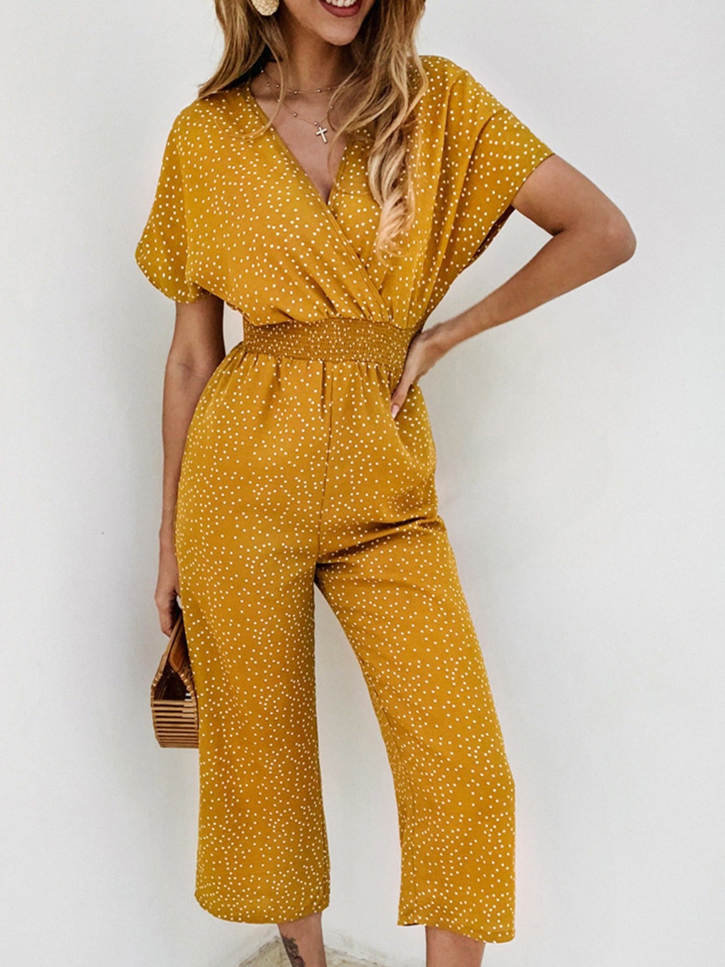 Polka Dot Jumpsuit Short Sleeve V Neck Wide Leg