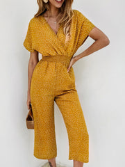 Polka Dot Jumpsuit Short Sleeve V Neck Wide Leg