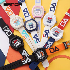 Sanda Large Digital Watch Red Strap Waterproof 24 Hour Stopwatch Rubber Sports
