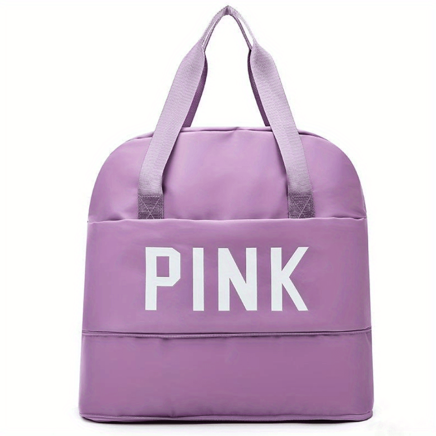 Pink Letter Print Portable Handbag Expandable Zip Gym Bag