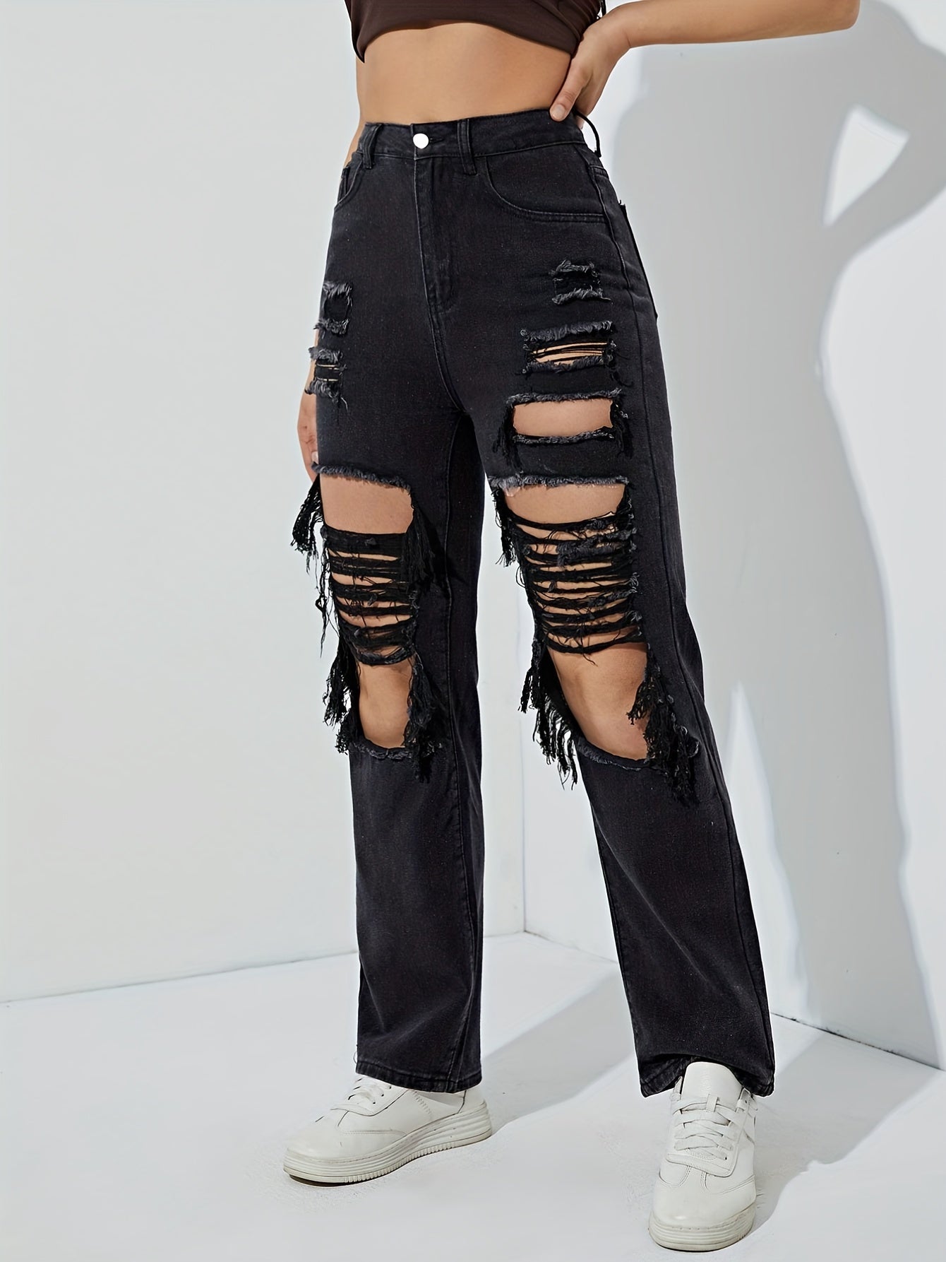 High Rise Ripped Mom Jeans Slim Fit Destroyed Denim Pants