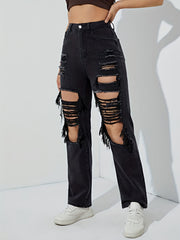 High Rise Ripped Mom Jeans Slim Fit Destroyed Denim Pants