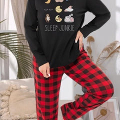 Women's Cartoon Graphic Long Sleeve Tee & Plaid Pants Lounge Set