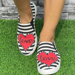 Women's Striped Red Heart Flat Lightweight Walking Shoes