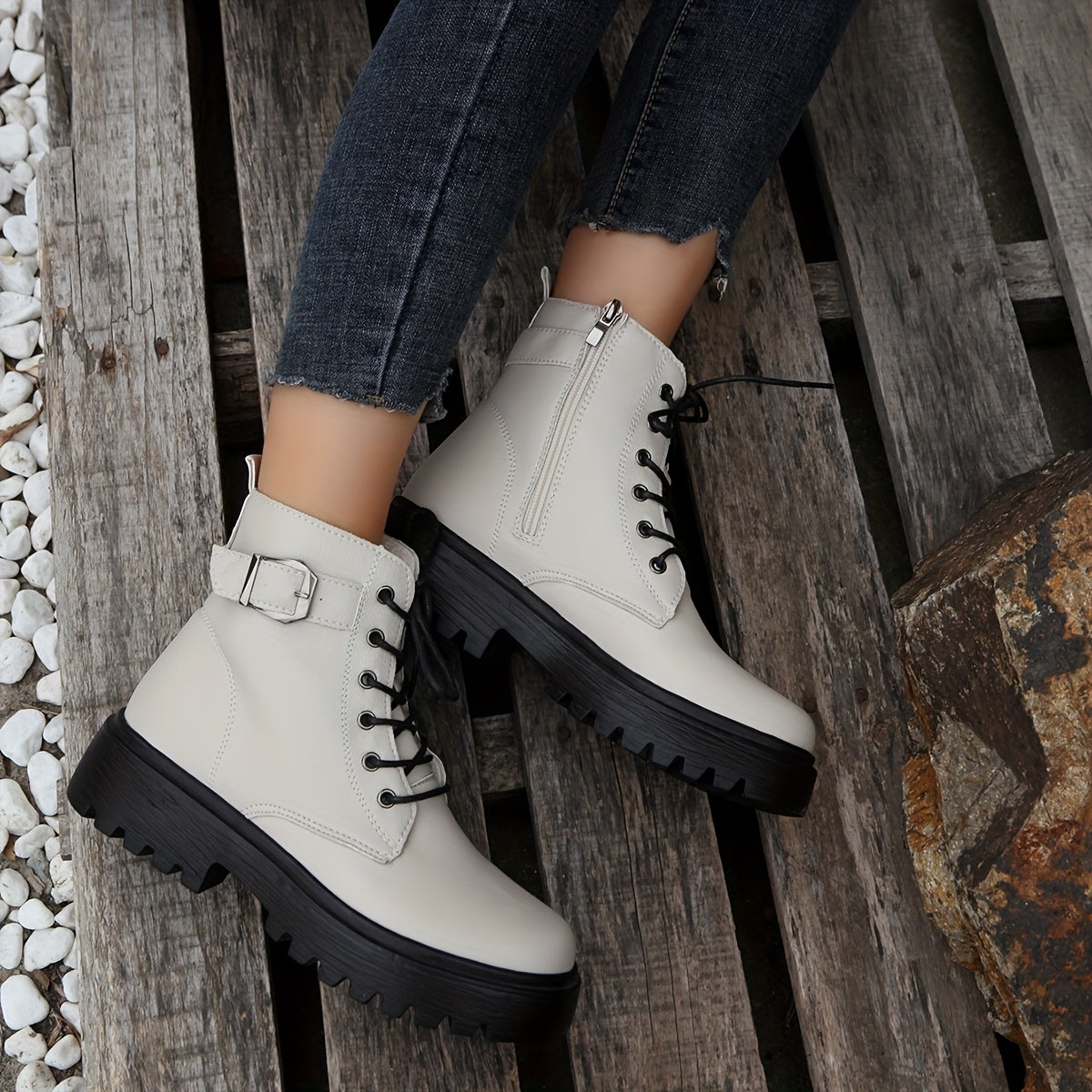 Women's Lace Up Short Boots Platform Waterproof Shoes