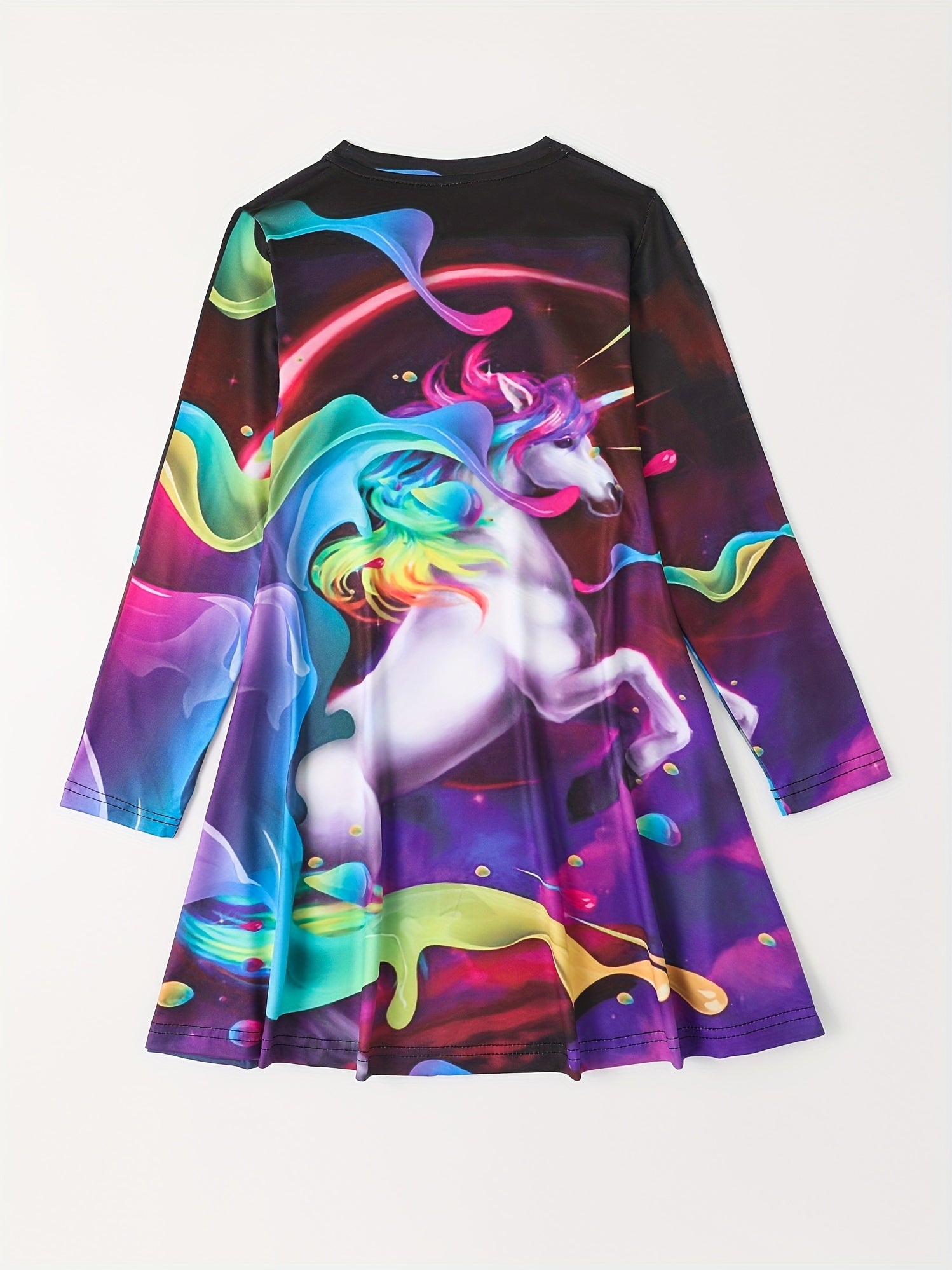 Girls Unicorn Print Long Sleeve Dress For Party Kids Clothes