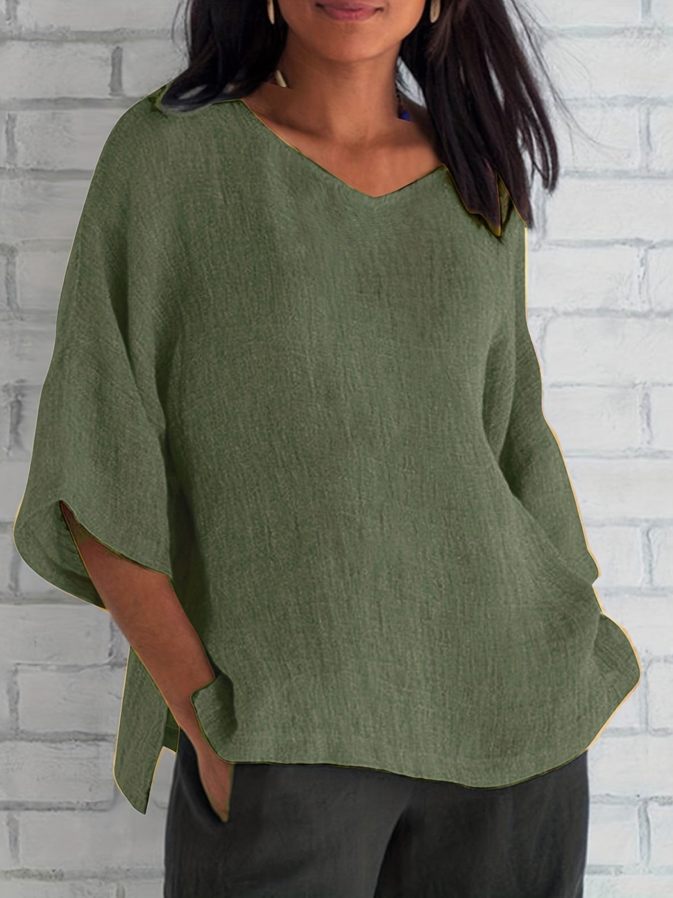 Basic Blouse Women's Plus Solid Three Quarter Sleeve V Neck Top