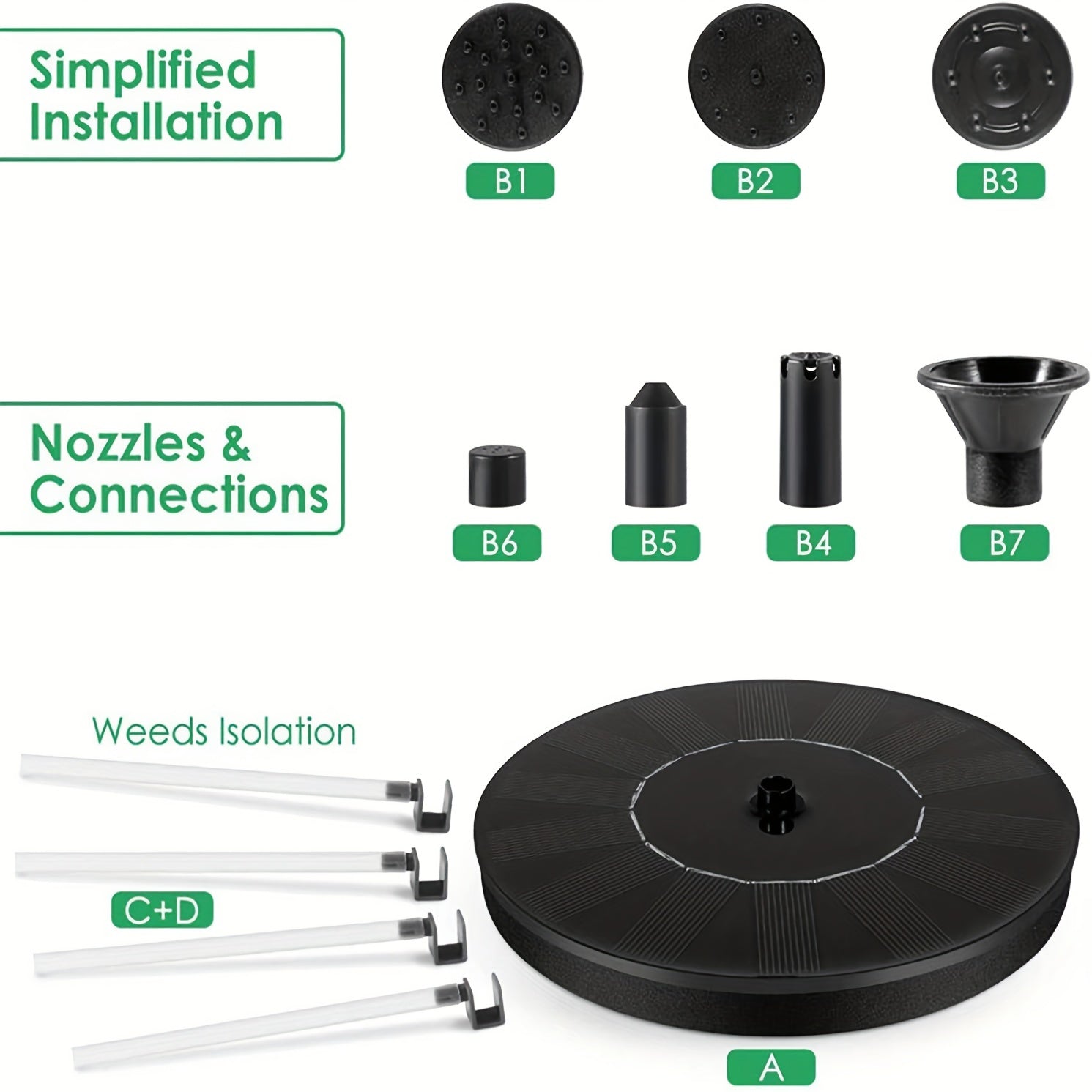 Solar Fountain Pump with 6 Nozzles - Ideal for Bird Baths, Ponds, Gardens