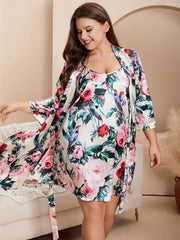 Rose Print Pajama Set - Long Sleeve Robe & Cami Nightdress