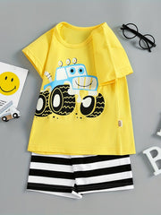 Boys Off-road Vehicle T-shirt & Striped Shorts Set