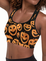 Pumpkin Print Sports Bra Round Neck Medium Stretch