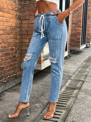 Elastic Band Distressed Denim Jeans Slim Fit Solid