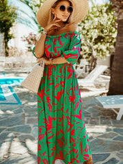 Graphic Print Off Shoulder Maxi Dress High Waist Vacation Puff Sleeve