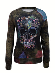 Gothic Skull Print Sweatshirt Crew Neck For Fall & Winter Women's Clothing