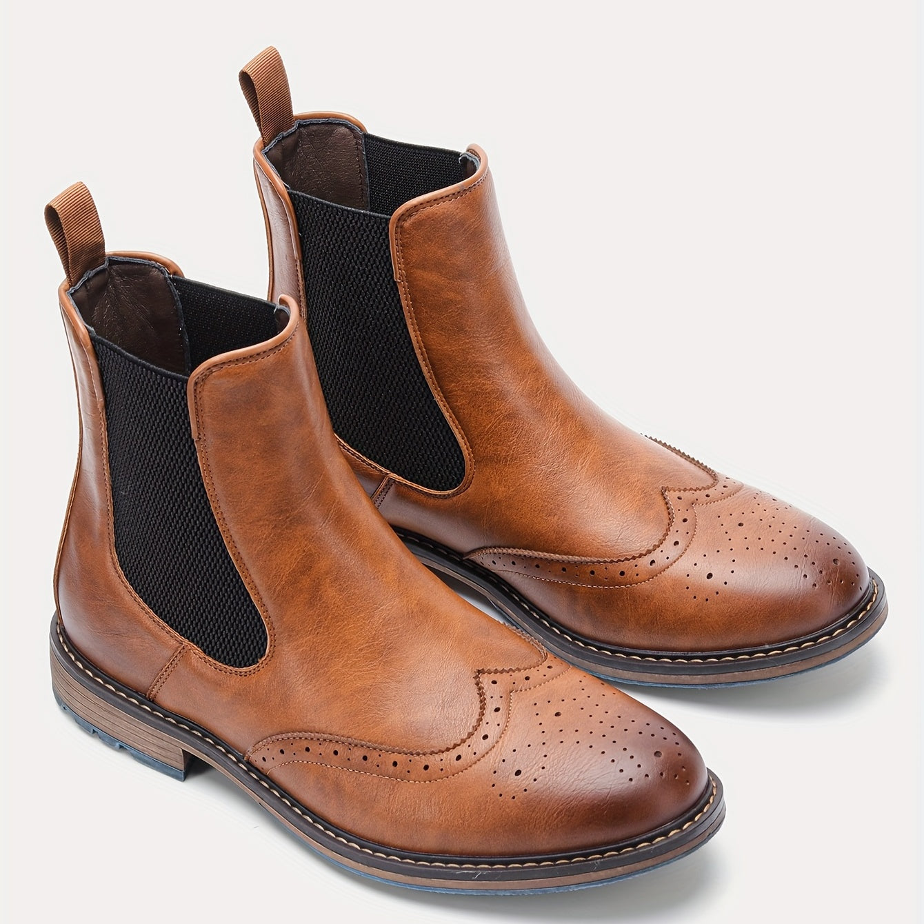 Men's Brogue Slip On Chelsea Boots Round Toe Ankle Boots