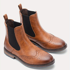 Men's Brogue Slip On Chelsea Boots Round Toe Ankle Boots