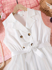 Girls Lapel Collar Sleeveless Shirt Dress Casual Outfit