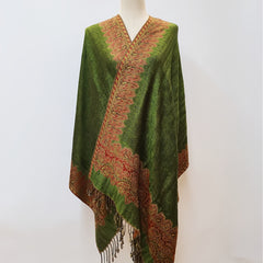 Large Tassel Scarf Grass Green Paisley Jacquard Vintage Shawl