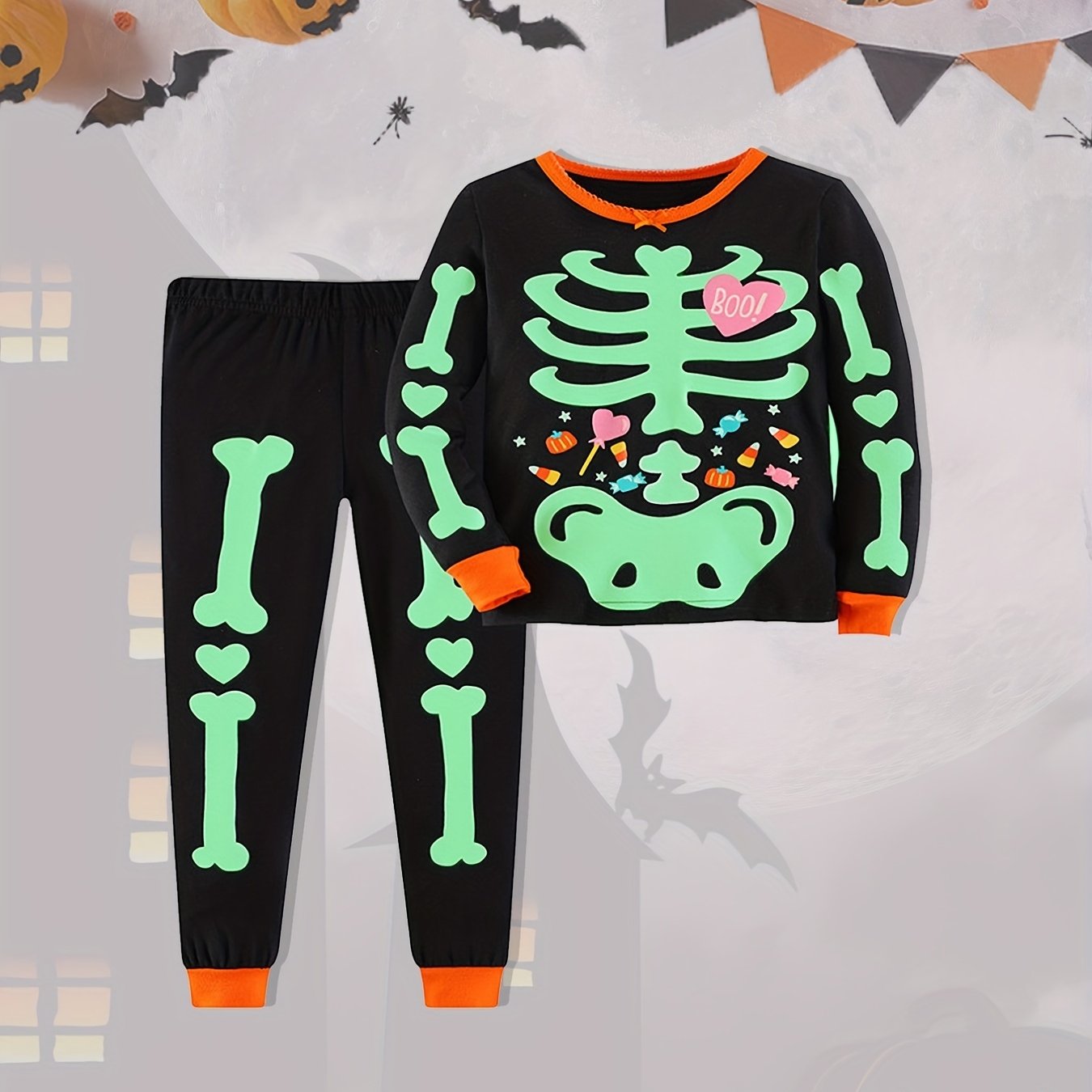 Boy's Skeleton Pattern Sweatshirt & Sweatpants Set for Halloween Party