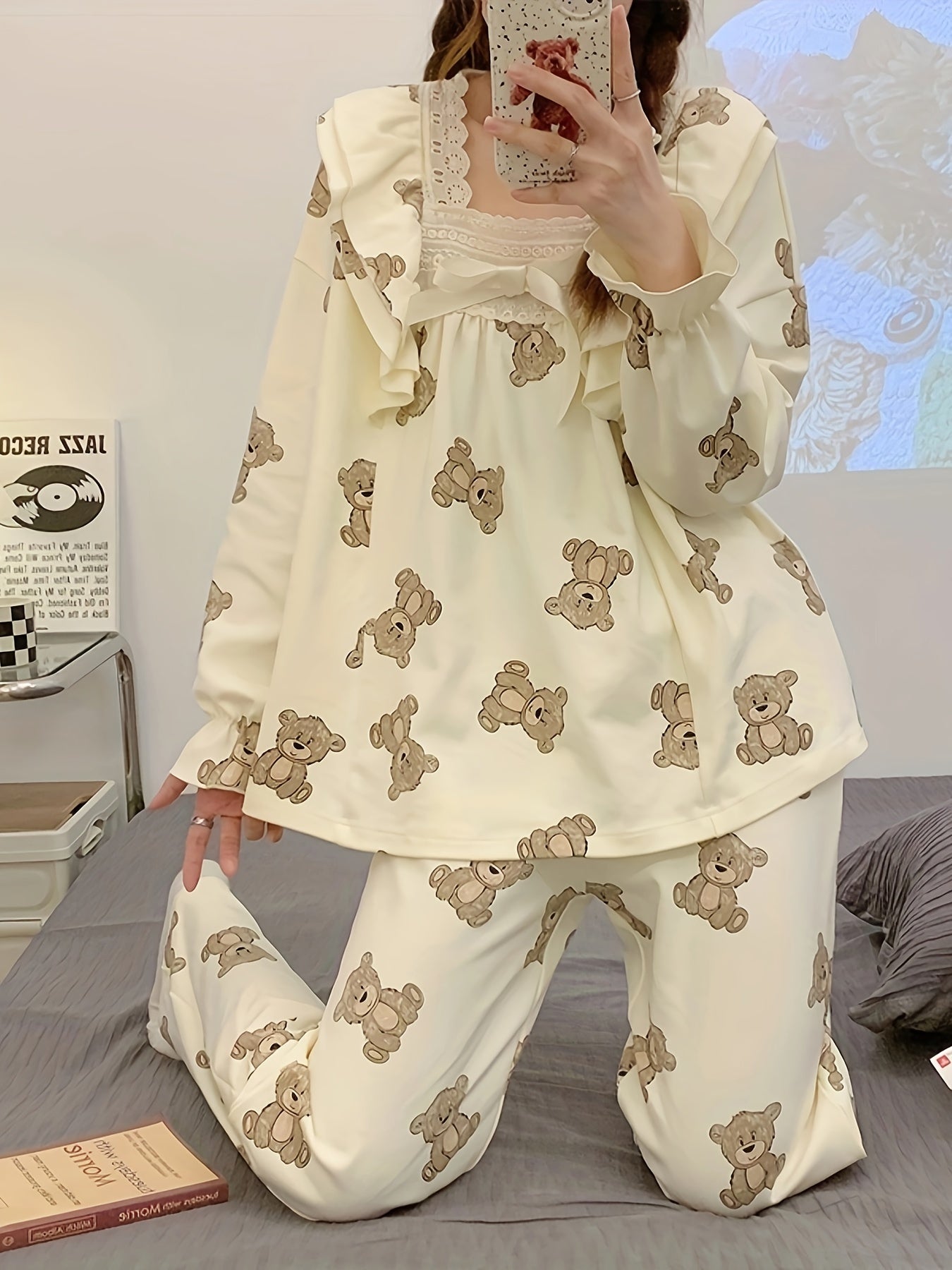 Bear Print Pajama Set Long Sleeve Top & Pants Women's Sleepwear