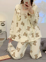 Bear Print Pajama Set Long Sleeve Top & Pants Women's Sleepwear