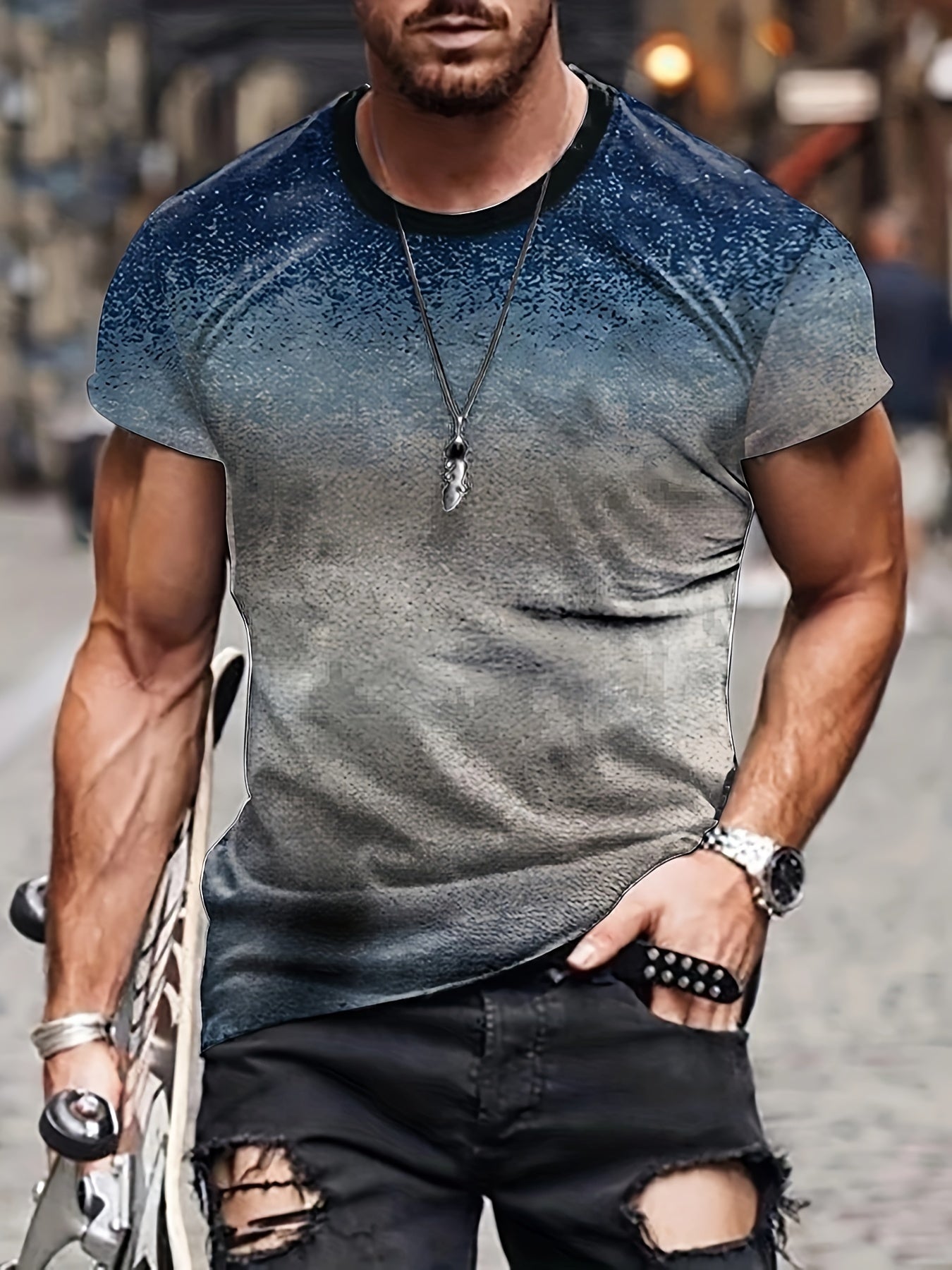 Men's Vintage Style Printed Sports T shirt Casual Stretch Round Neck Tee Shirt