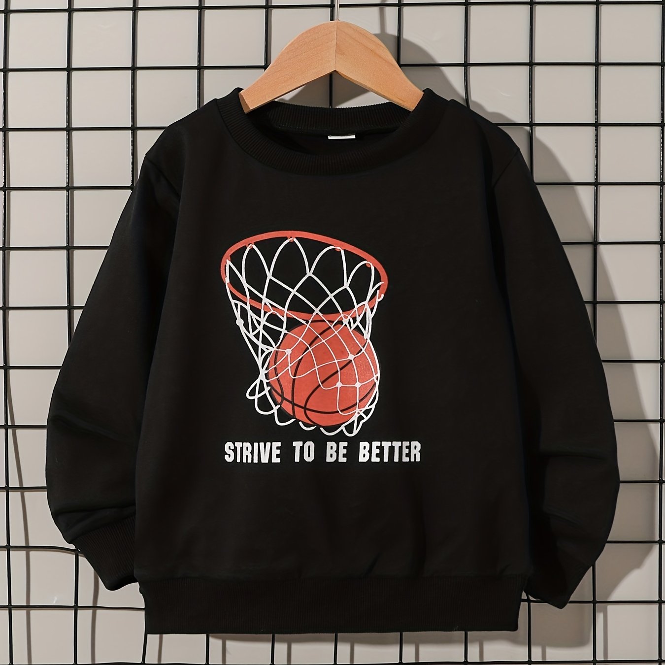 Boys Basketball Hoop Print Sweatshirt Long Sleeve Crew Neck Tops