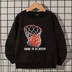 Boys Basketball Hoop Print Sweatshirt Long Sleeve Crew Neck Tops