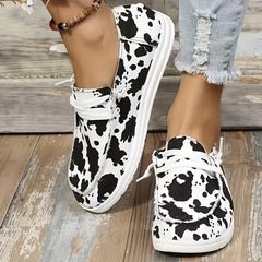Women's Flower & Cow Pattern Canvas Loafers Lightweight Slip on Shoes