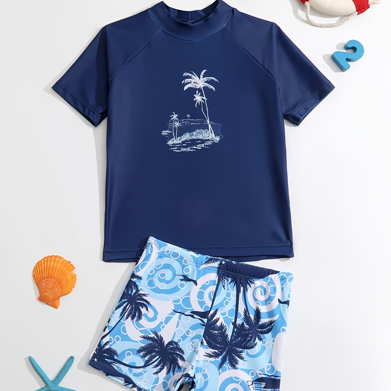 Boys Coconut Tree Swimwear Set Short Sleeves Quick Dry Casual Kids Clothes
