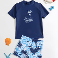 Boys Coconut Tree Swimwear Set Short Sleeves Quick Dry Casual Kids Clothes