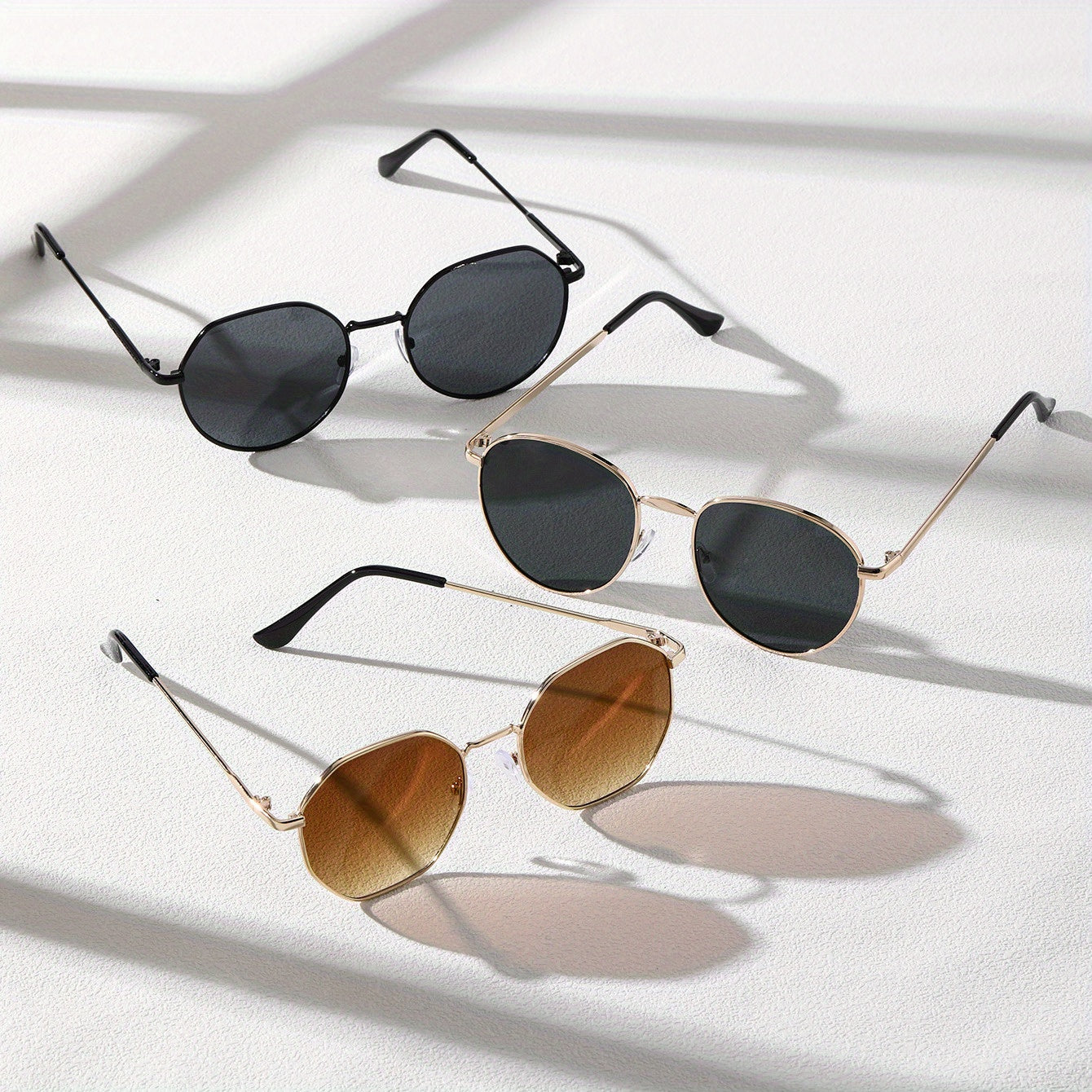 3pcs Metal Round Frame Sunglasses UV 400 Protection