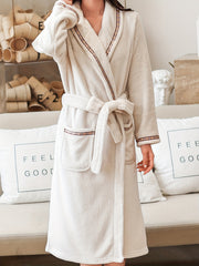 Long Sleeve Fuzzy Lounge Robe V Neck With Pockets & Belt