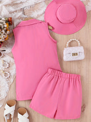 Girls 4pcs Summer Vest, Strip Top, Shorts, Hat Set
