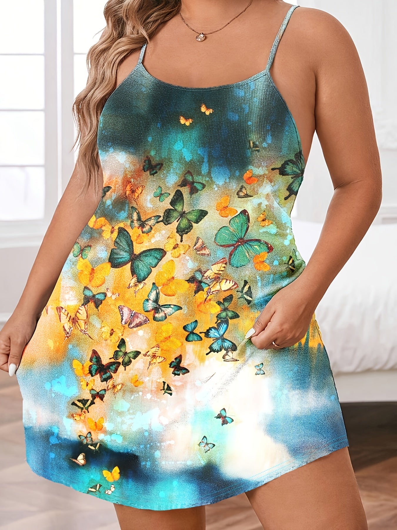 Tie Dye & Butterfly Print Crisscross Back Cami Nightdress
