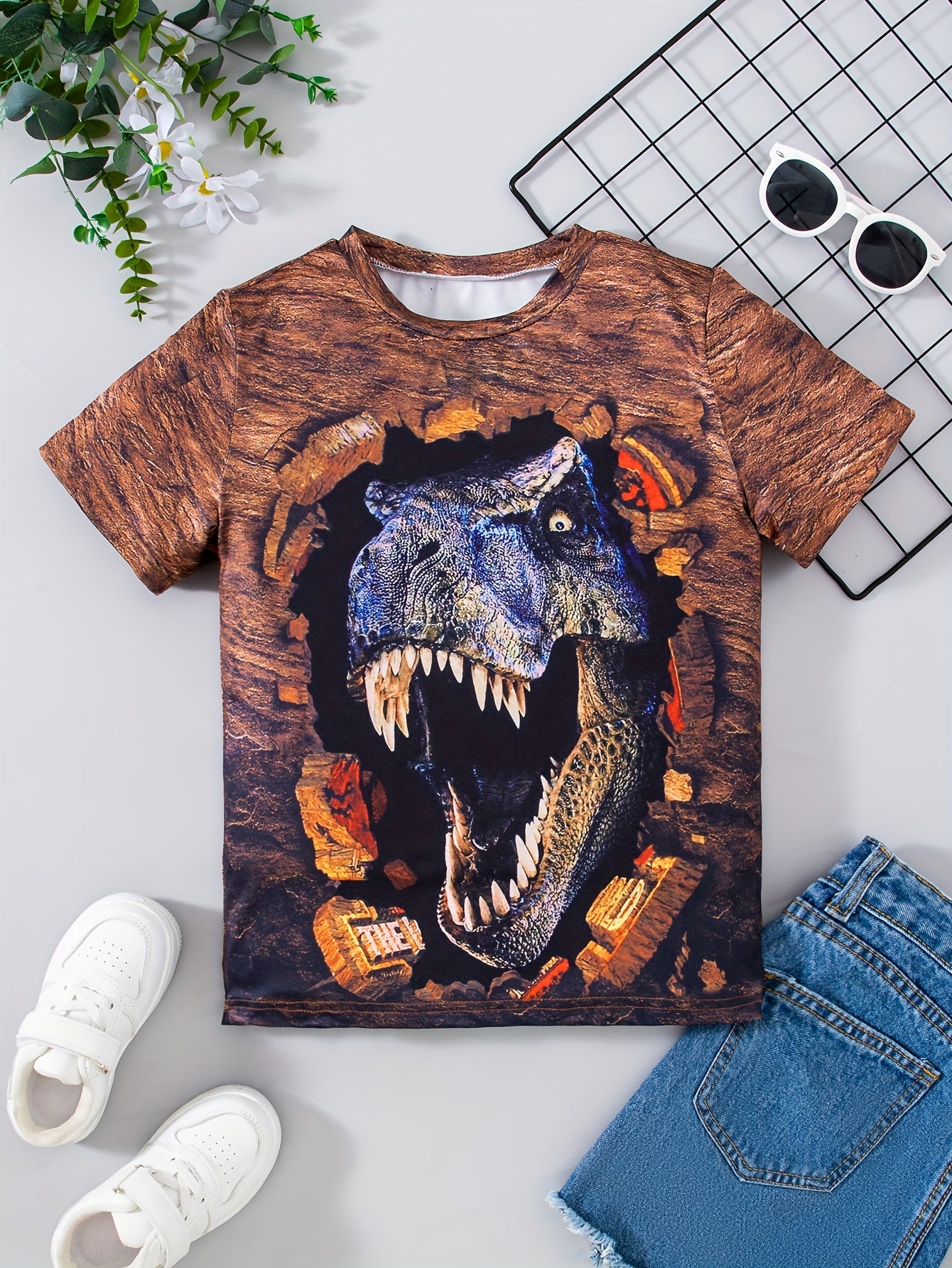 Dino 3D Print Boys T-Shirt Short Sleeve Tee For Toddler Kids