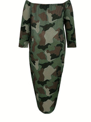 Camo Print Off Shoulder Maxi Dress With Pockets