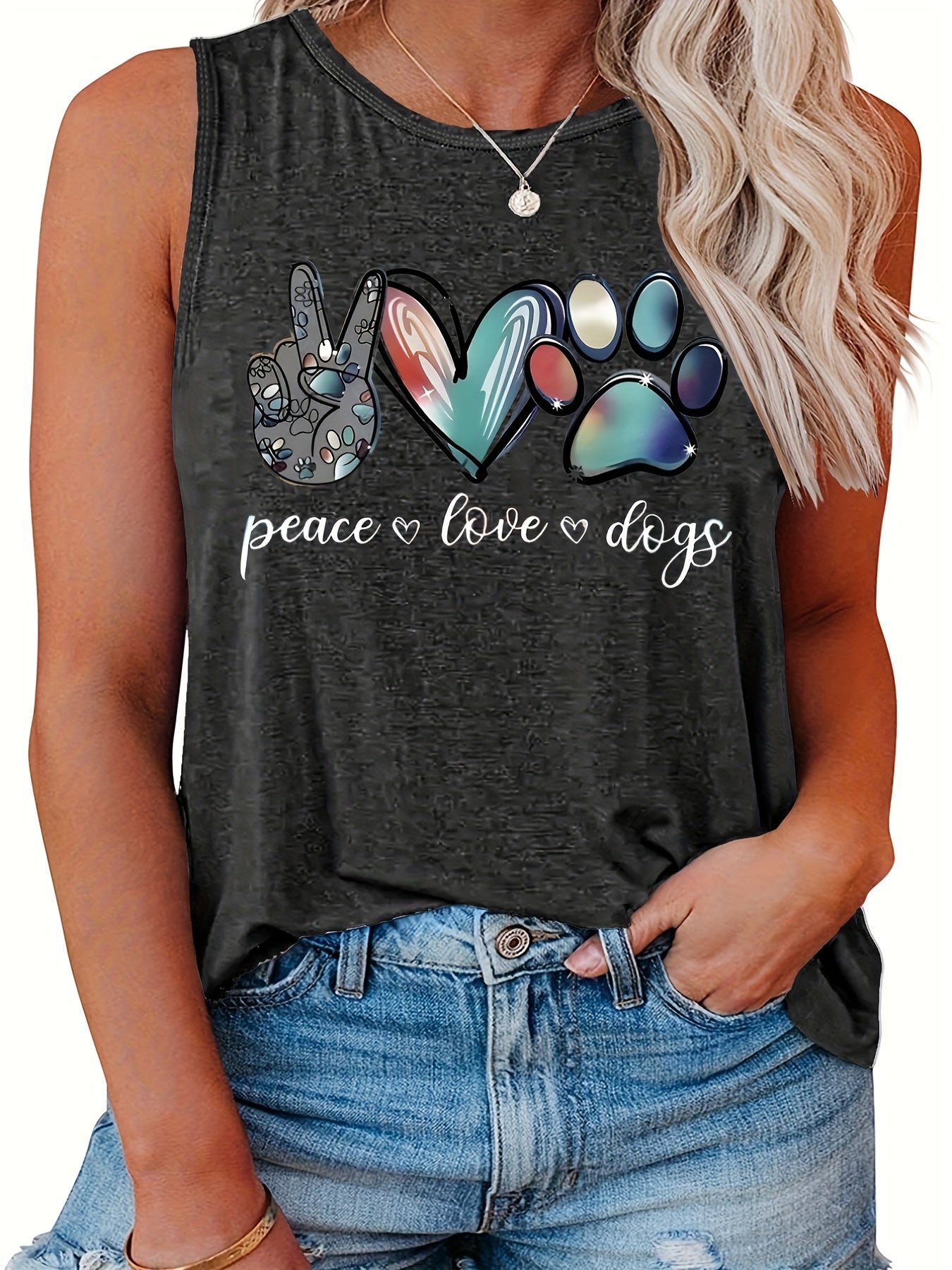 Casual Tank Top Women's Plus Art Letter & Heart Print