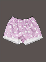 Heart Print Sleep Bottoms & Lace Trim Elastic Waistband Shorts