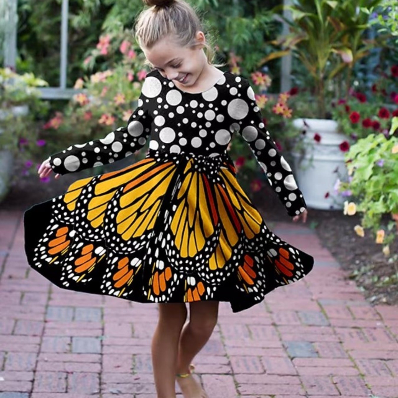 3D Butterfly Print Crew Neck Long Sleeve Dress Girls