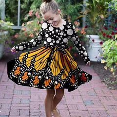 3D Butterfly Print Crew Neck Long Sleeve Dress Girls