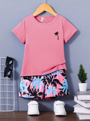 Boys Coconut Tree Print Tee & Shorts 2pcs Set