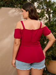 Cold Shoulder Peplum Blouse with Belt