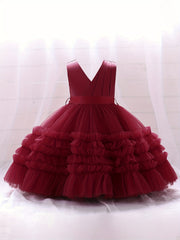 Girls Sleeveless V Neck Mesh Princess Dress with Bowknot Belt