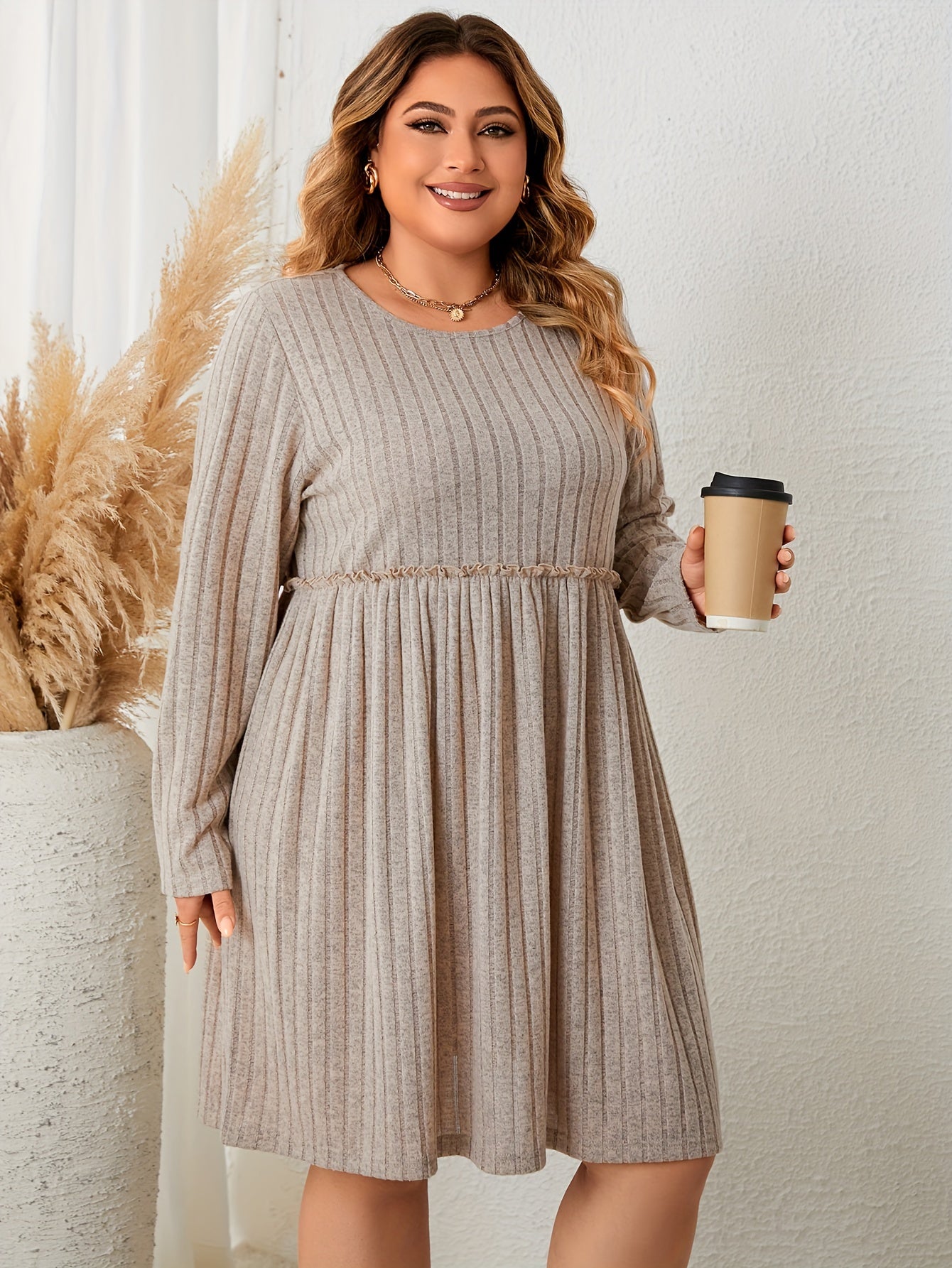 Solid Ribbed Ruffle Trim Long Sleeve Casual Dress