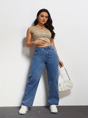 Wide Leg Straight Jeans Slash Pockets High Waist Denim Pants